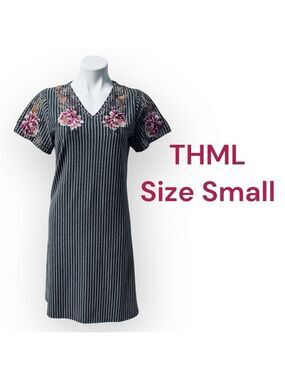 THML Grey White Striped Dress Floral Embroidery Split Sleeves Small